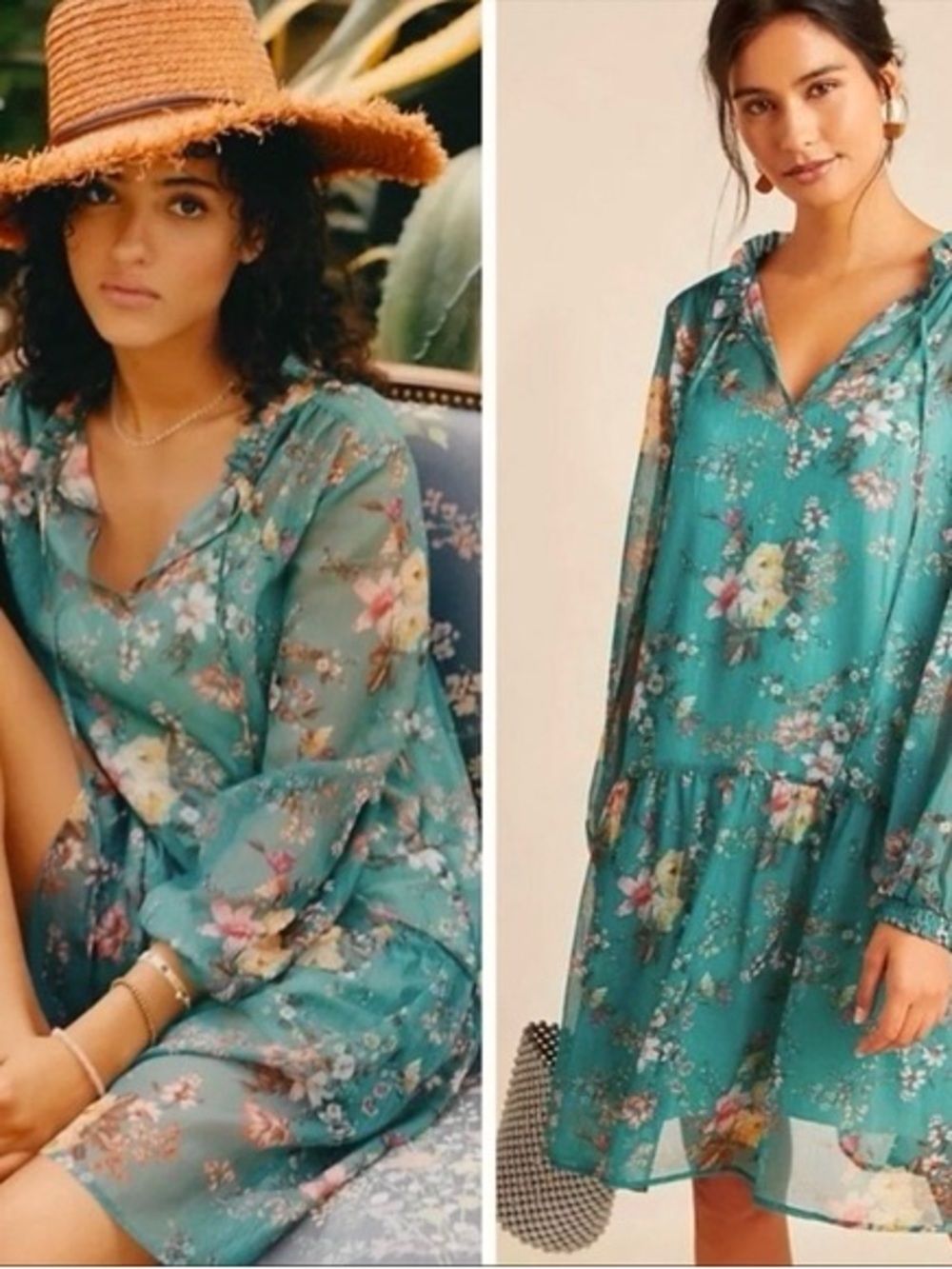 Anthropologie Maeve Emmy Teal and Floral Print Long Sleeve Dress